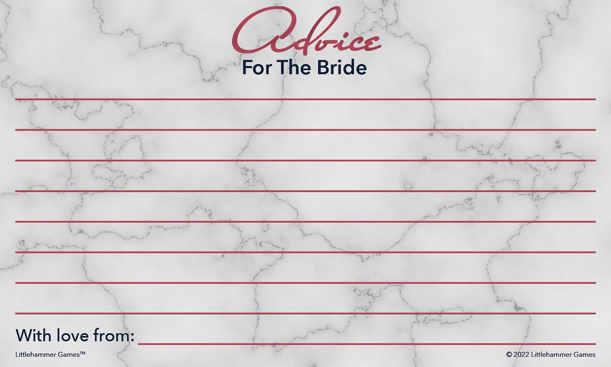 Rose gold and marble wedding shower advice card with structured writing area