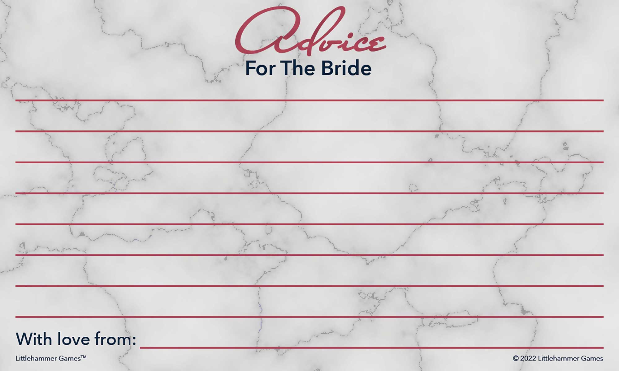 Rose gold and marble wedding shower advice card with structured writing area