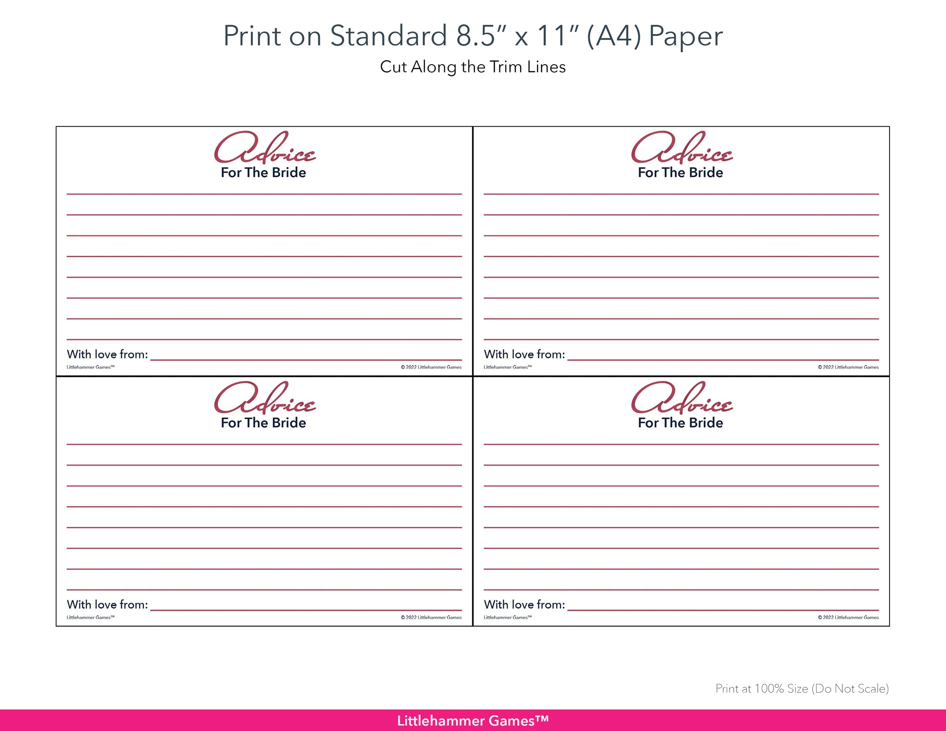 Printable rose gold Advice for the Bride card layout showing US Letter size dimensions and printing information