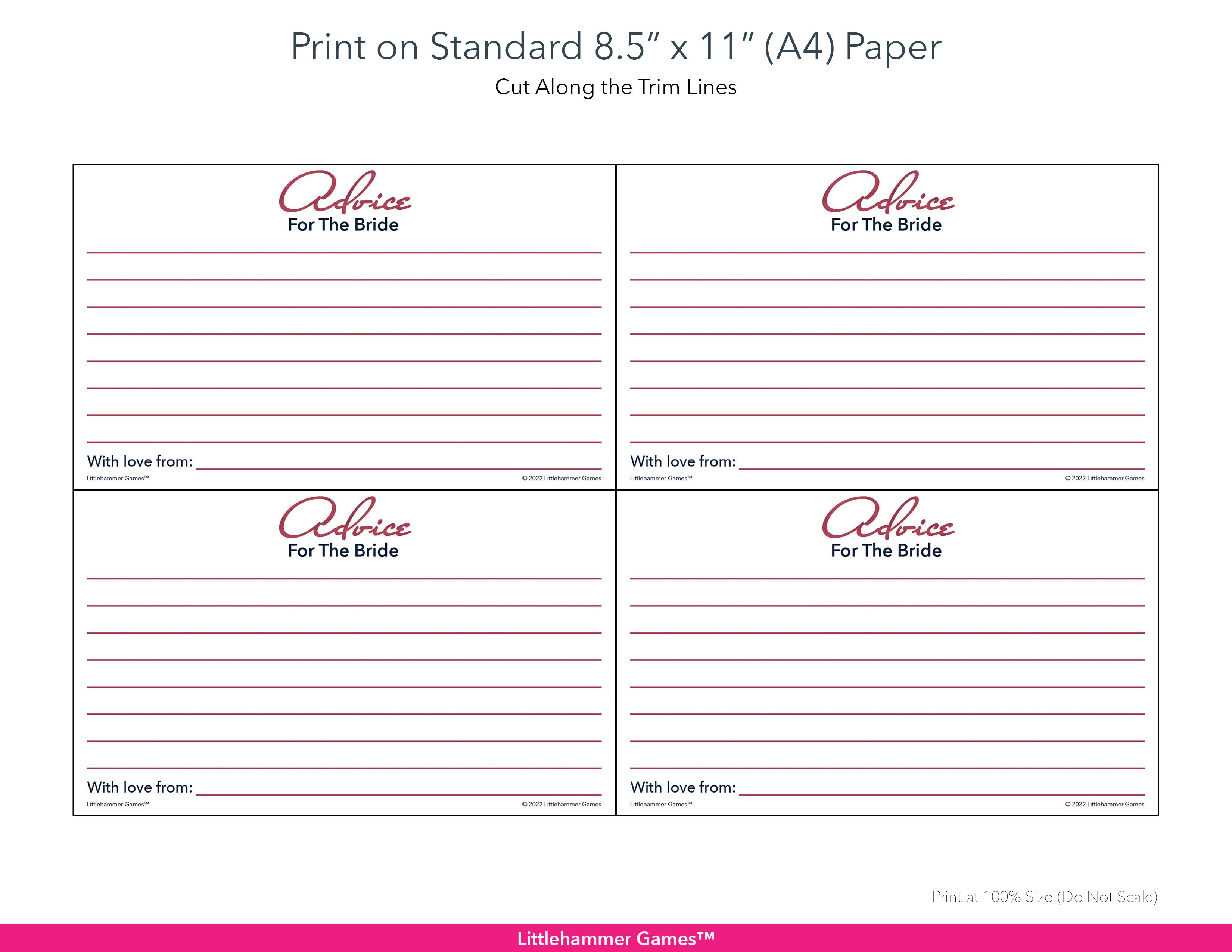 Printable rose gold Advice for the Bride card layout showing US Letter size dimensions and printing information