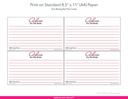 Printable rose gold Advice for the Bride card layout showing US Letter size dimensions and printing information