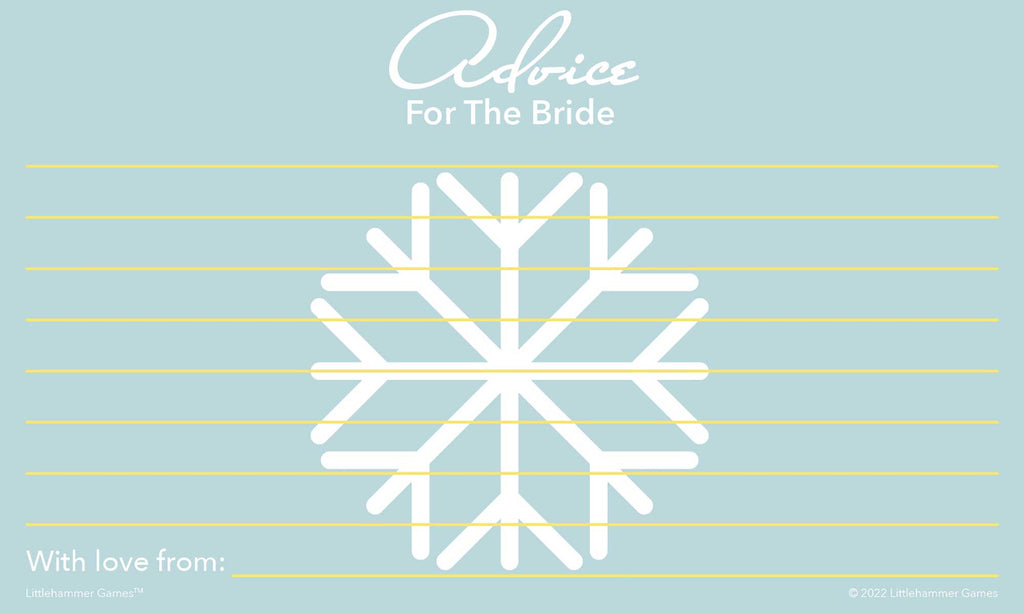 Snowflake-themed wedding shower advice card with blank lines for bride-to-be messages