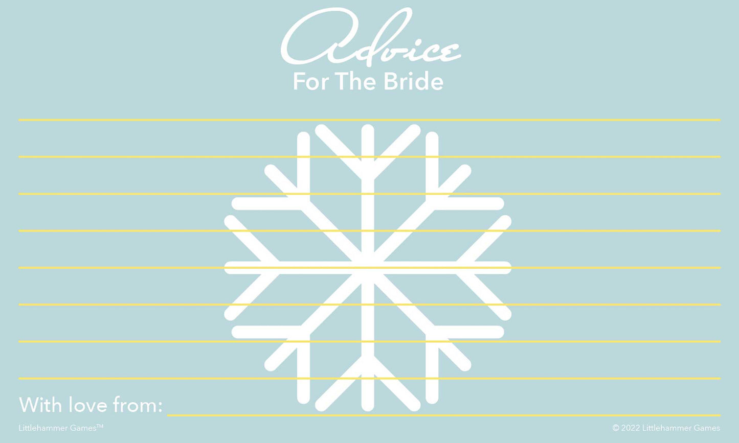 Snowflake-themed wedding shower advice card with blank lines for bride-to-be messages