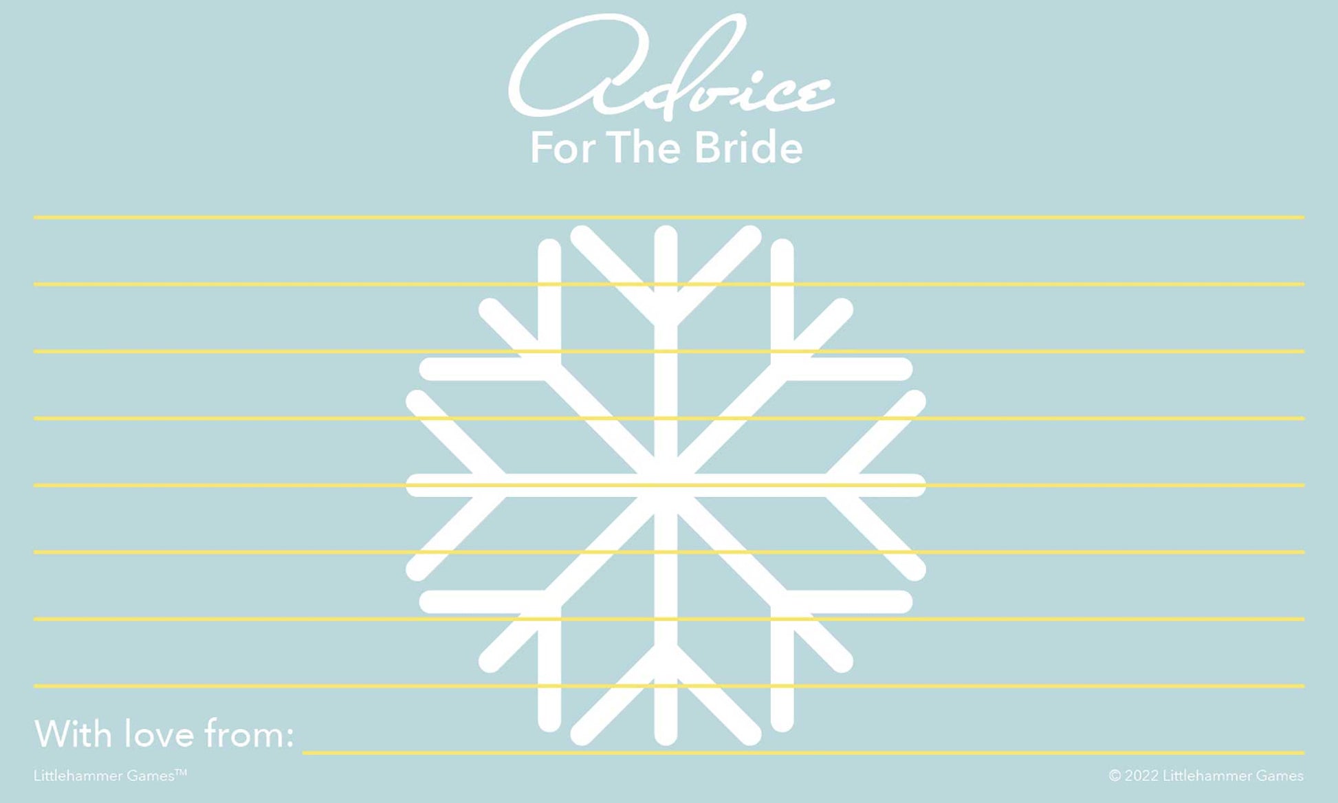 Snowflake-themed wedding shower advice card with blank lines for bride-to-be messages