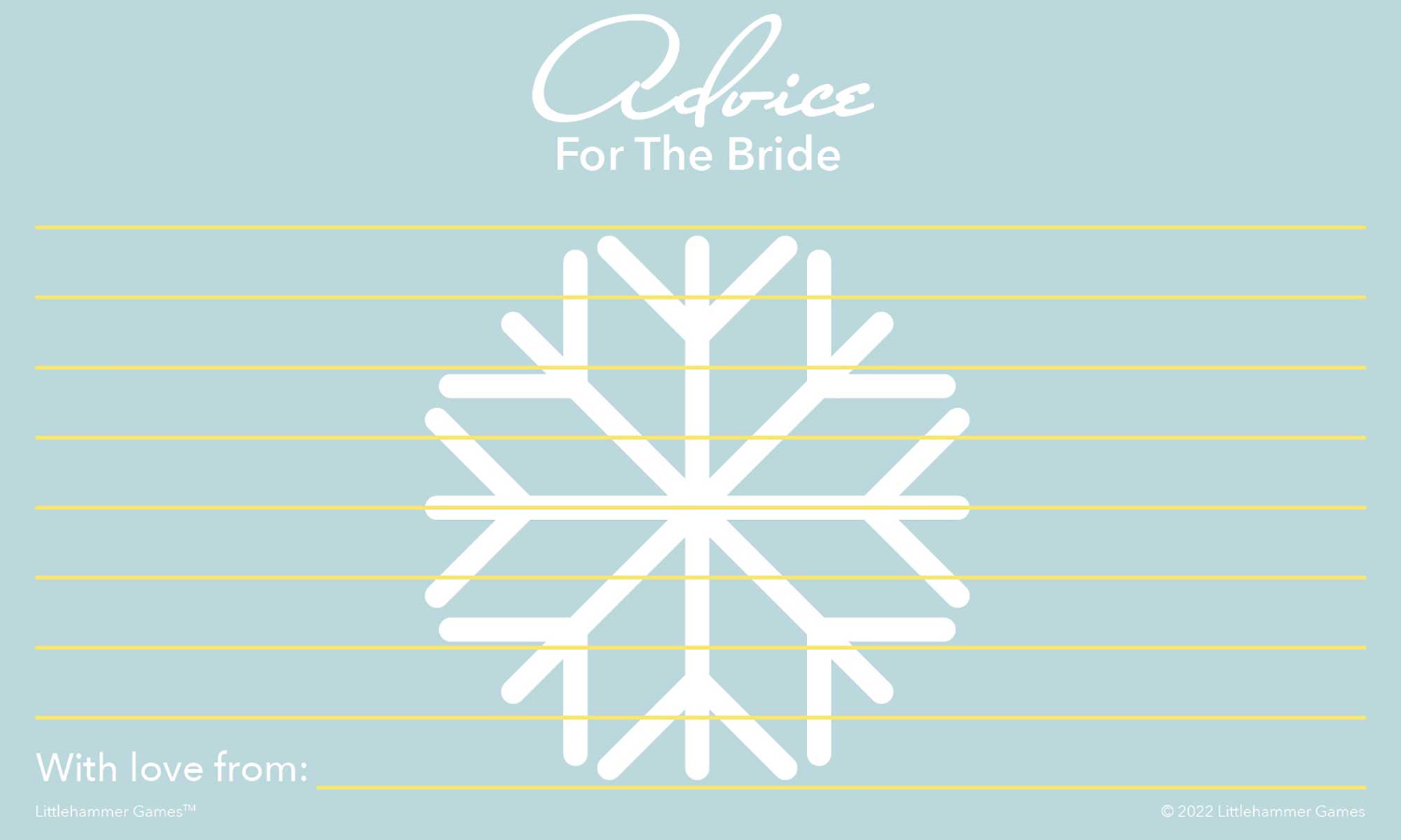 Snowflake-themed wedding shower advice card with blank lines for bride-to-be messages