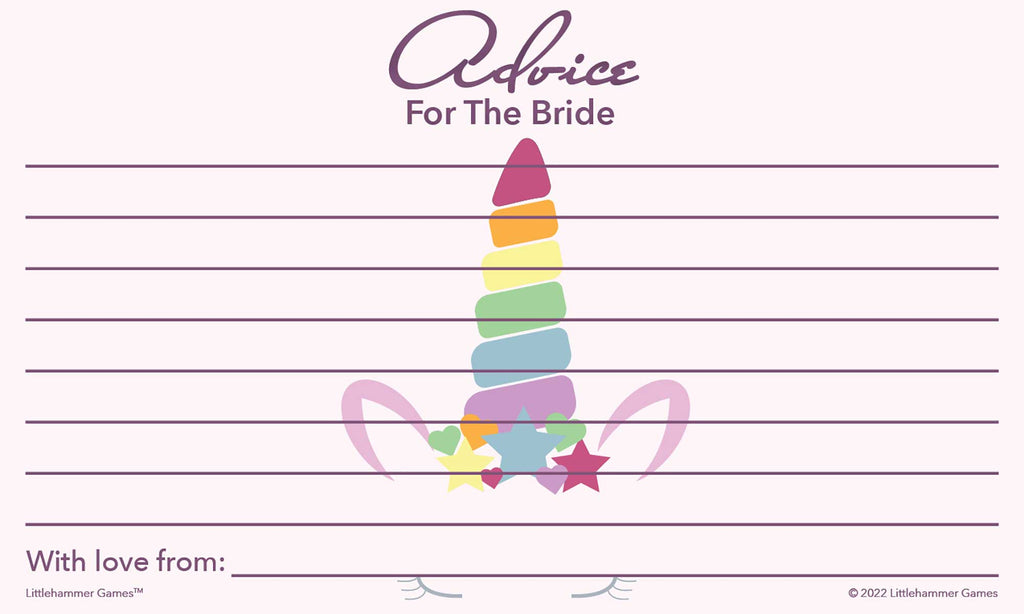 Unicorn theme printable wedding shower advice card with decorative style