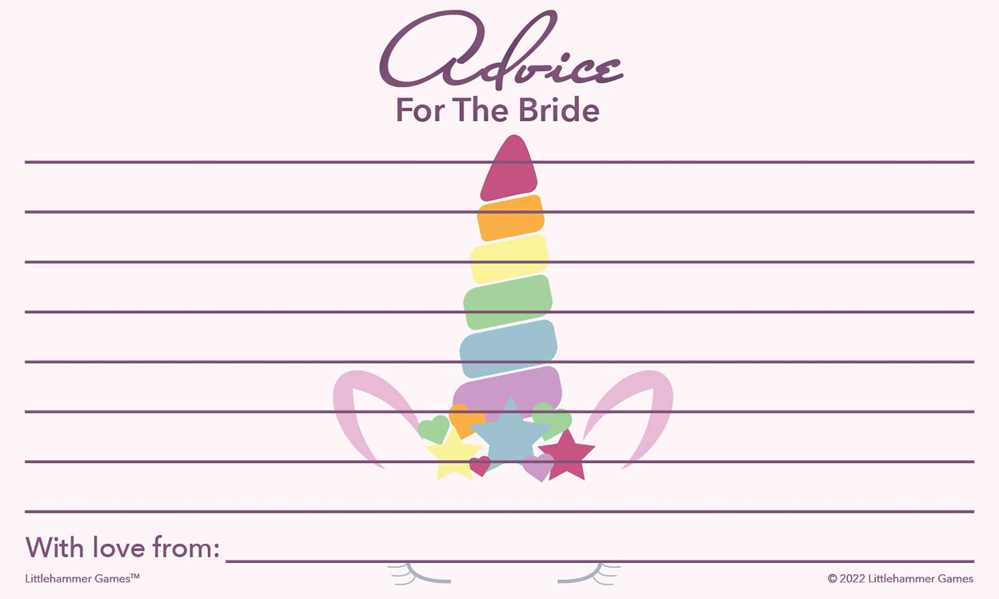 Unicorn theme printable wedding shower advice card with decorative style