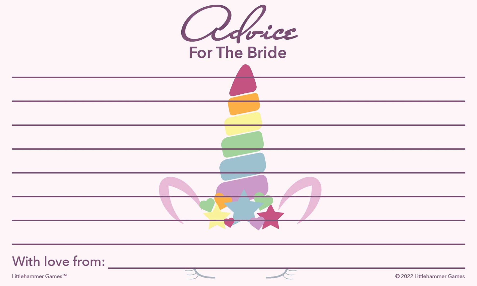 Unicorn theme printable wedding shower advice card with decorative style