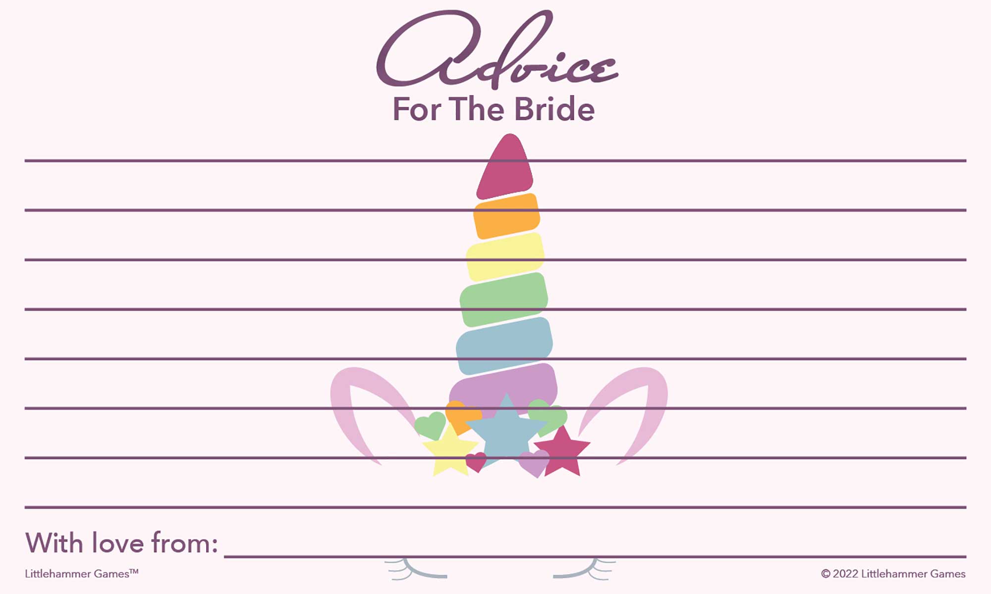 Unicorn theme printable wedding shower advice card with decorative style