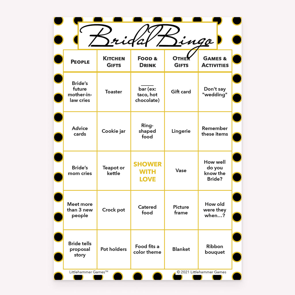 Bridal Bingo bridal shower printable card in black and gold polka dot theme