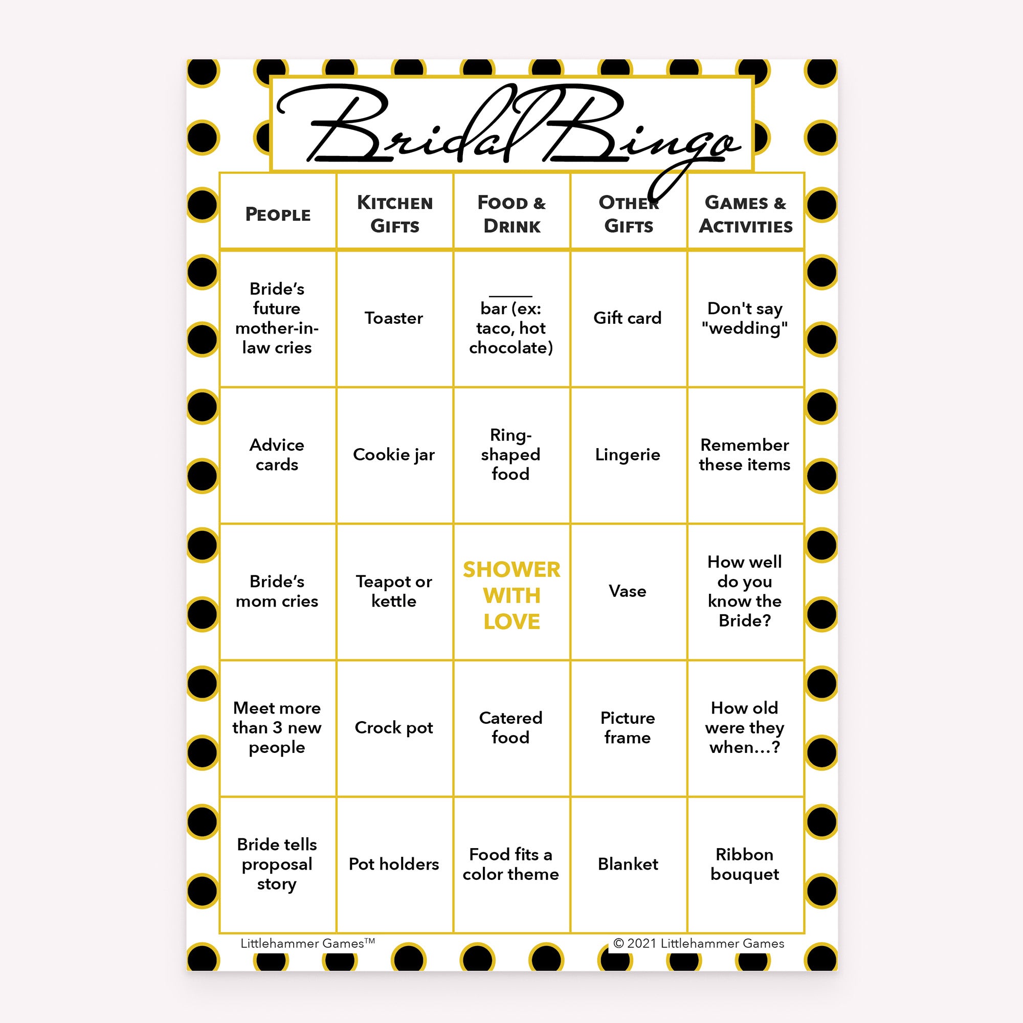 Bridal Bingo bridal shower printable card in black and gold polka dot theme