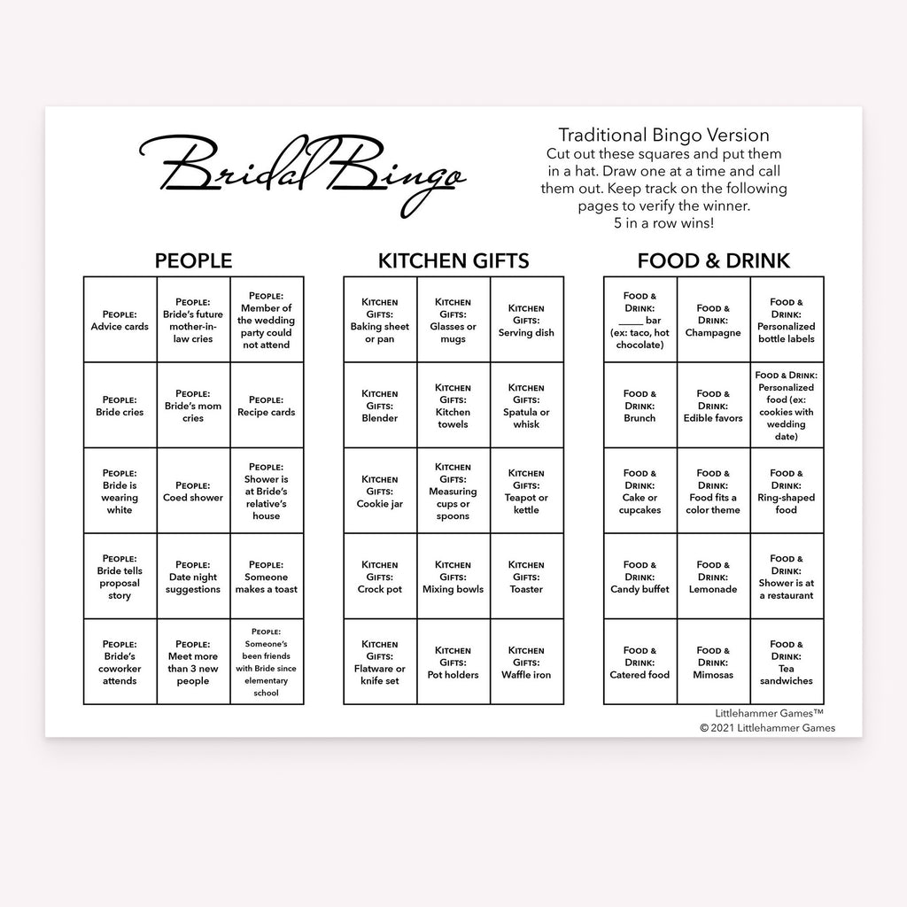 Black and white minimal design bridal shower printable Bridal Bingo calling card