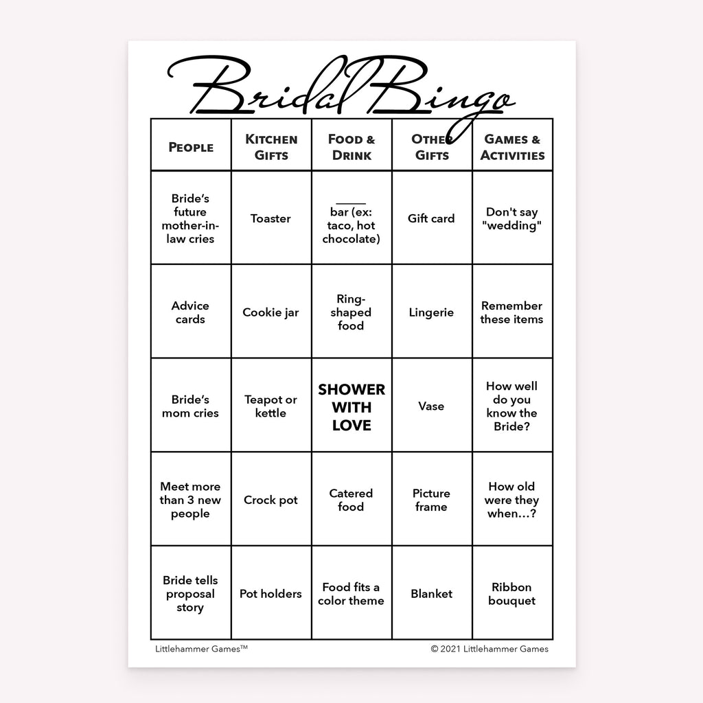 Black and white style printable bridal shower Bridal Bingo card