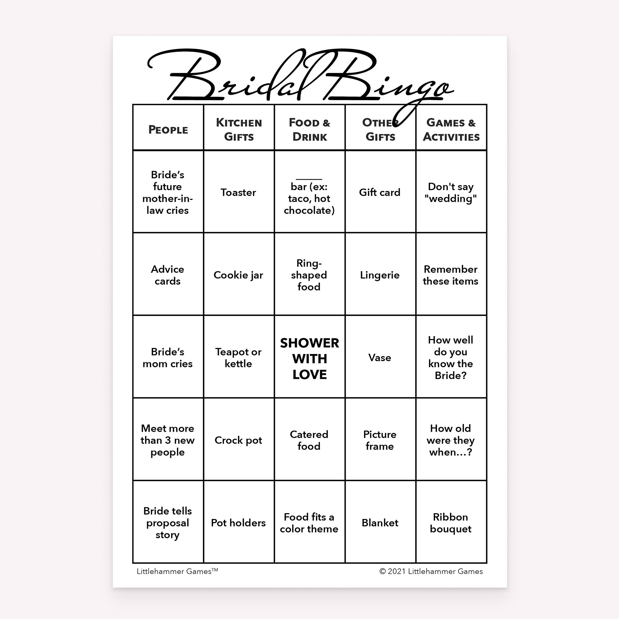 Black and white style printable bridal shower Bridal Bingo card