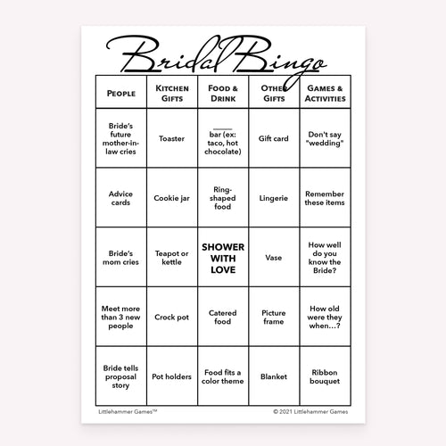 Black and white style printable bridal shower Bridal Bingo card