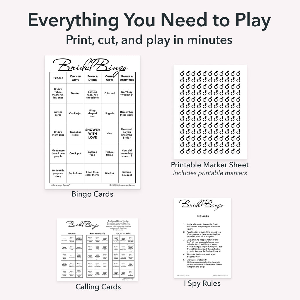 Printable bridal shower bingo game set including game cards, calling cards, I Spy-style rules, and optional markers sheet