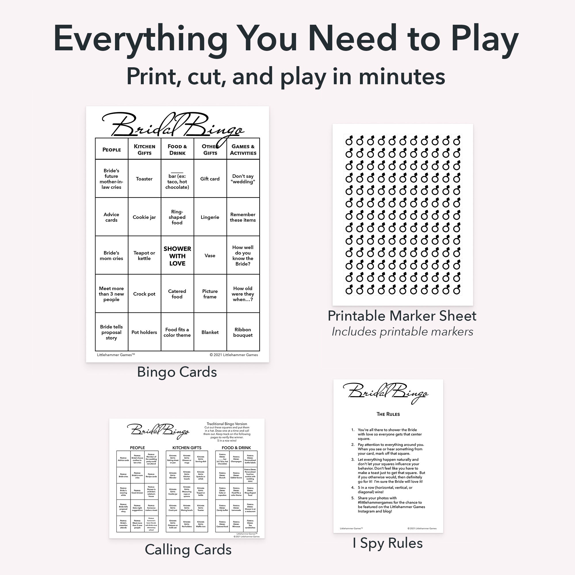 Printable bridal shower bingo game set including game cards, calling cards, I Spy-style rules, and optional markers sheet