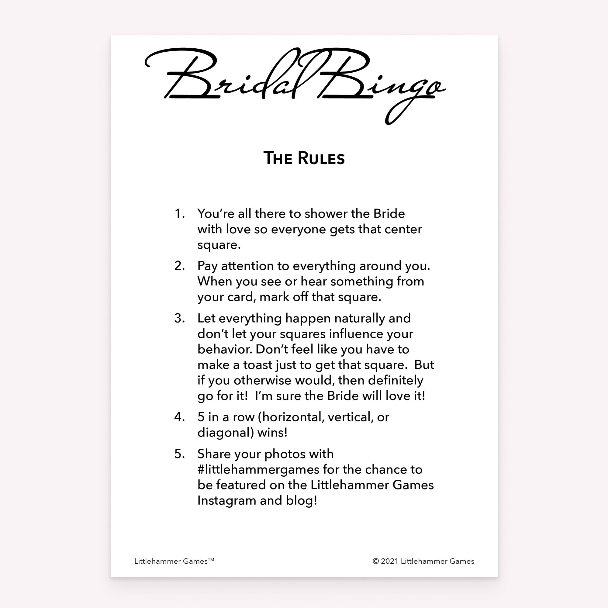 Bridal Bingo bridal shower rules card with minimalist black and white layout