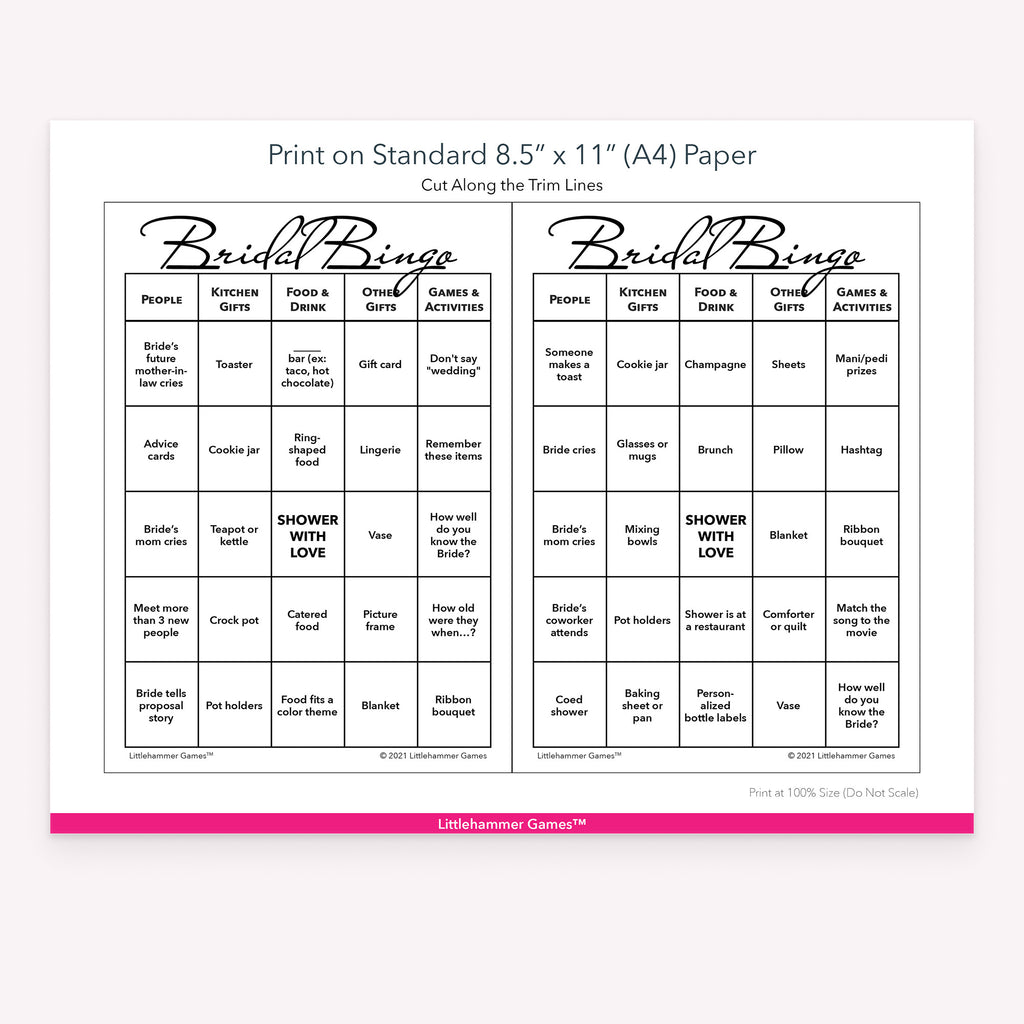 Printable black and white Bridal Bingo game card layout showing US Letter size dimensions and printing information