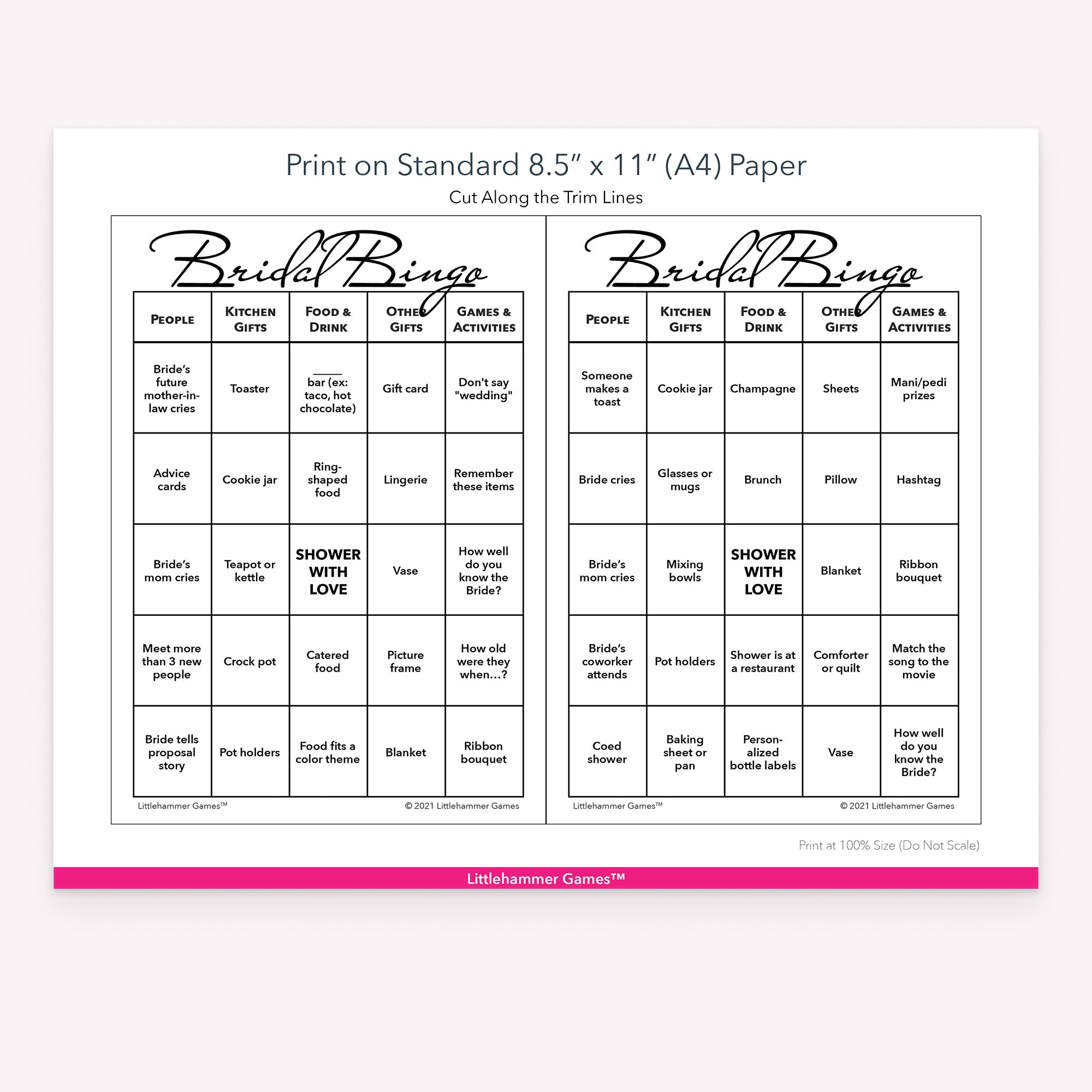 Printable black and white Bridal Bingo game card layout showing US Letter size dimensions and printing information