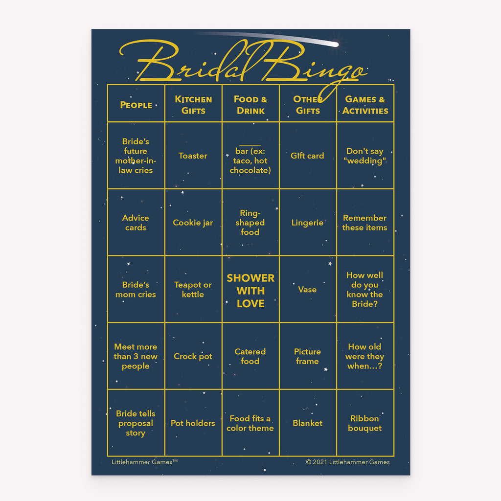 Bridal Bingo bridal shower printable game card featuring starry night sky style