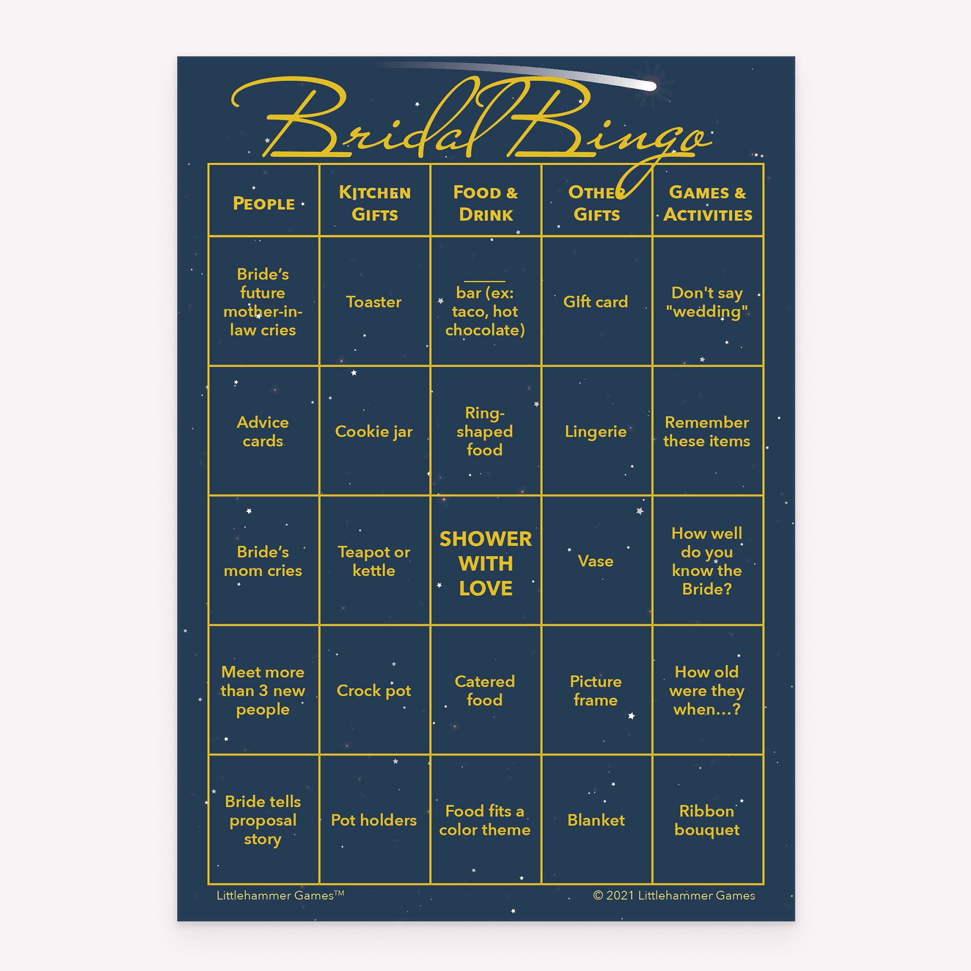 Bridal Bingo bridal shower printable game card featuring starry night sky style