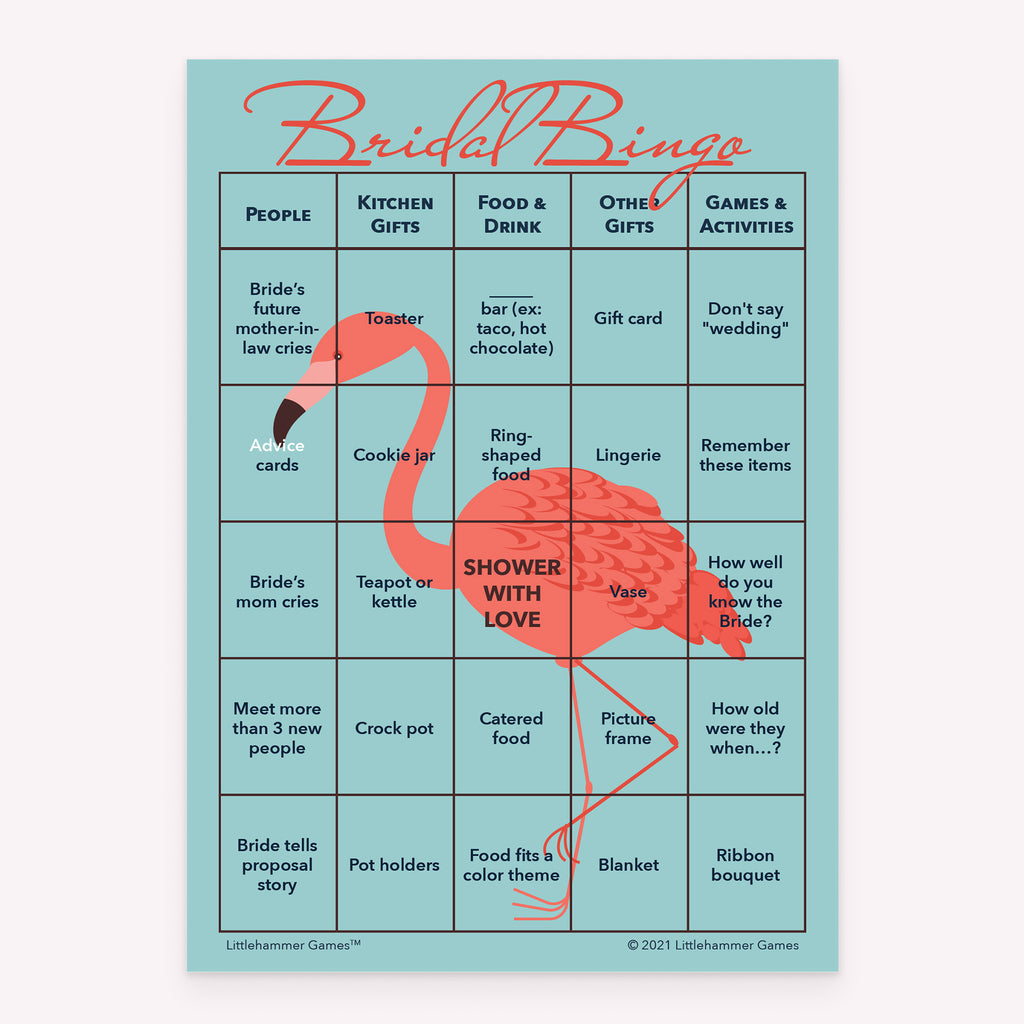 Flaming-themed Bridal Bingo printable bridal shower game card
