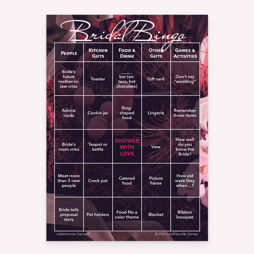 Bridal shower Bridal Bingo printable game card in purple floral color scheme