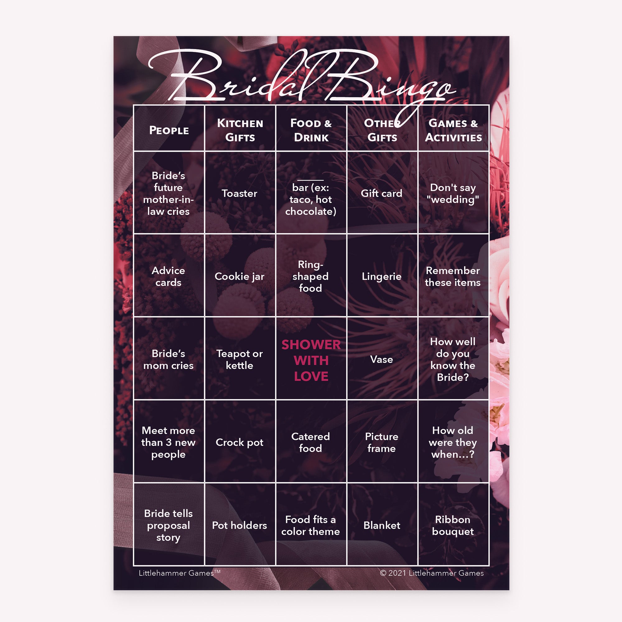 Bridal shower Bridal Bingo printable game card in purple floral color scheme