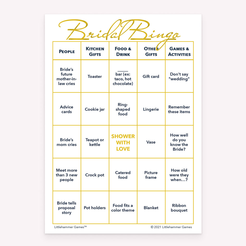 Bridal shower Bridal Bingo game card printable in gold and white design