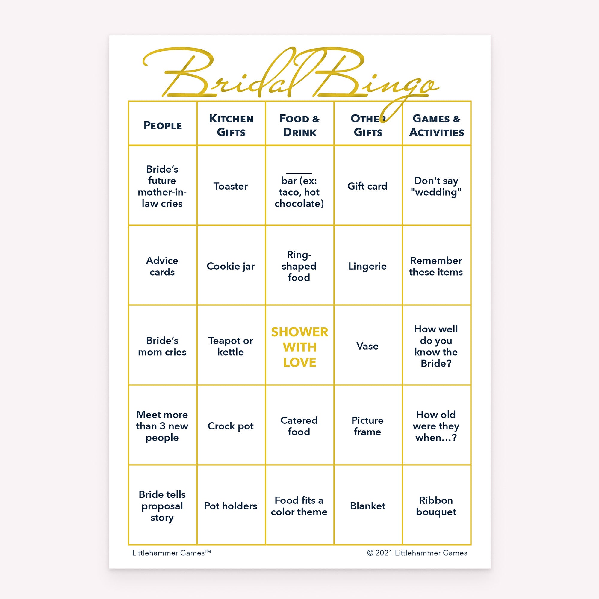 Bridal shower Bridal Bingo game card printable in gold and white design