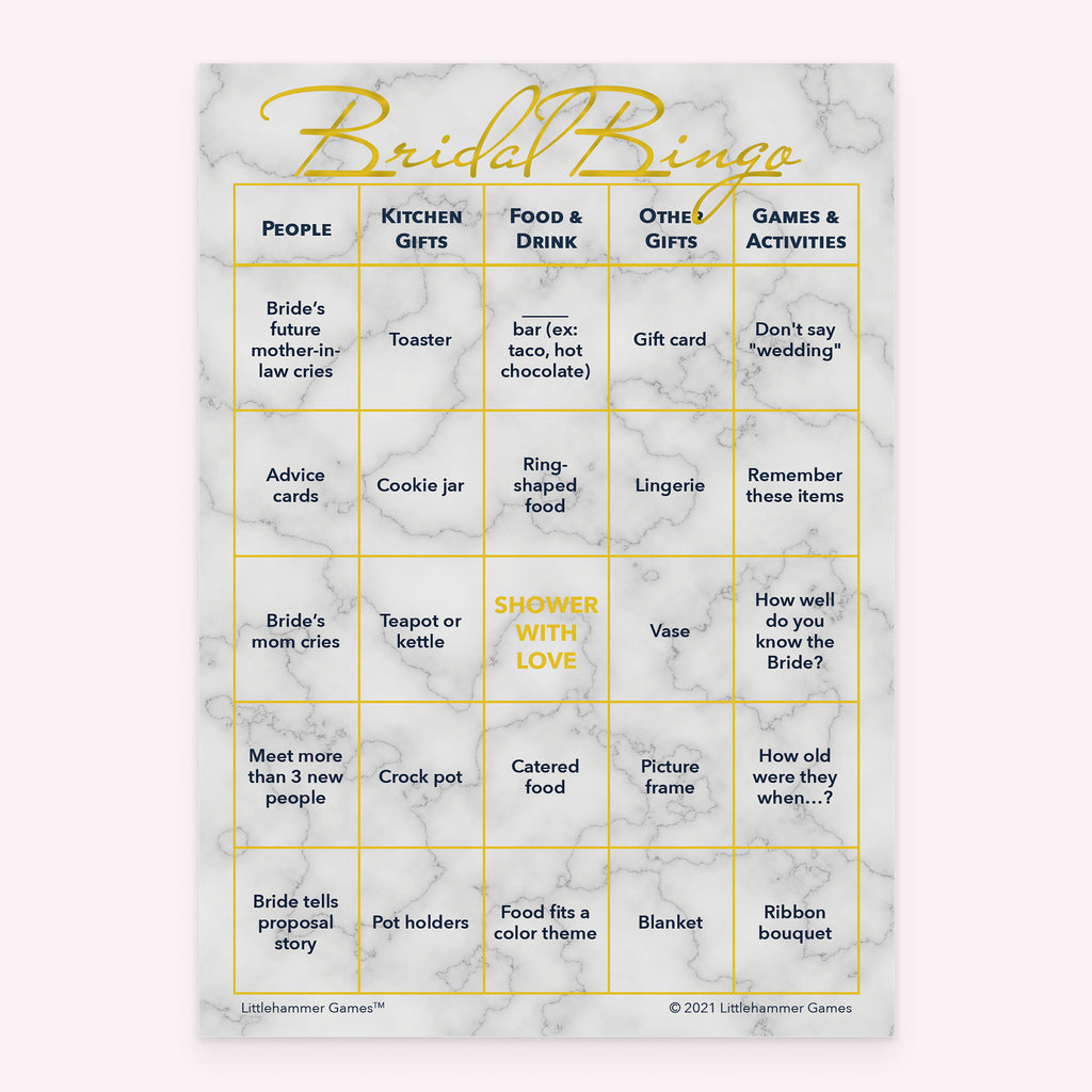 Bridal Bingo bridal shower printable activity card in gold and marble
