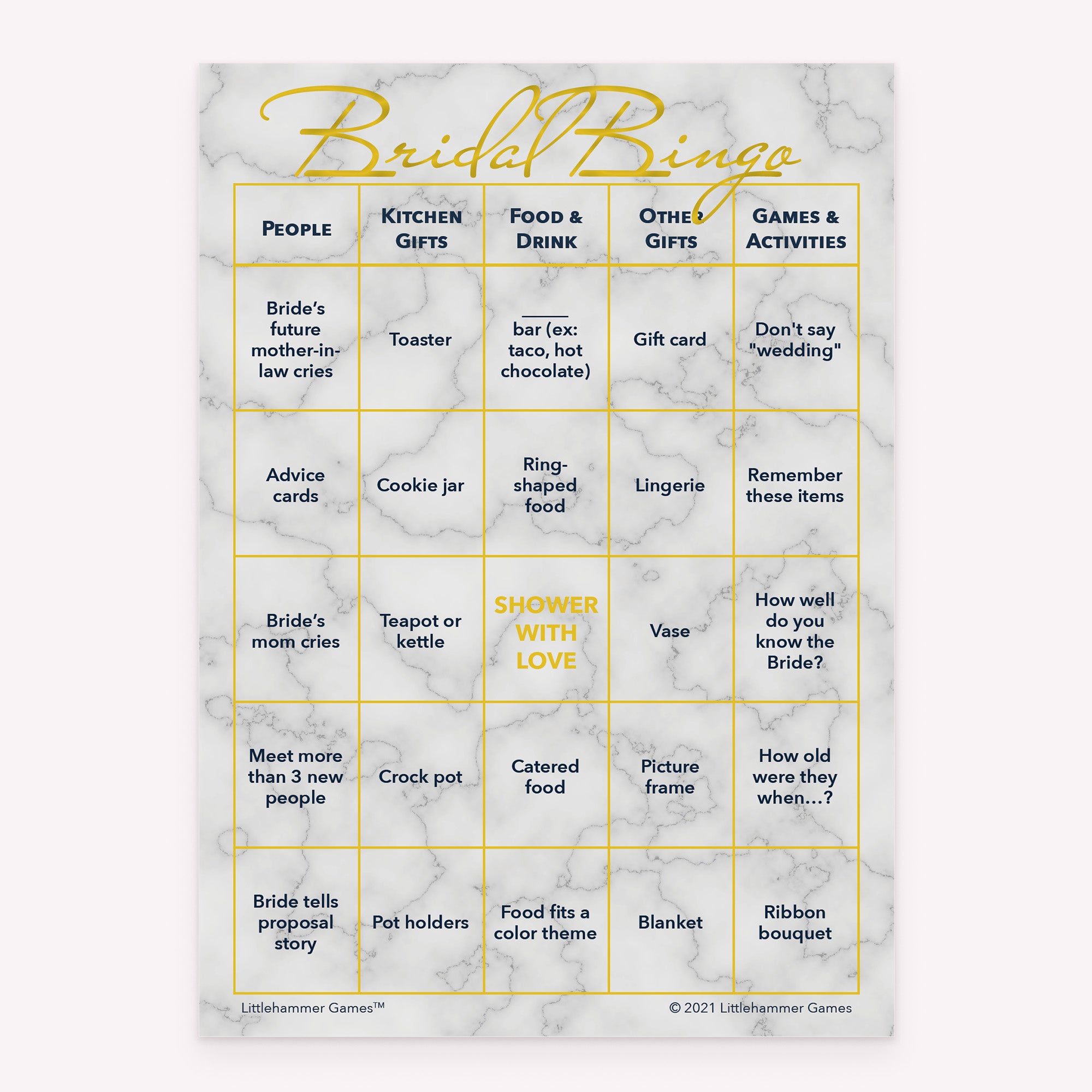Bridal Bingo bridal shower printable activity card in gold and marble