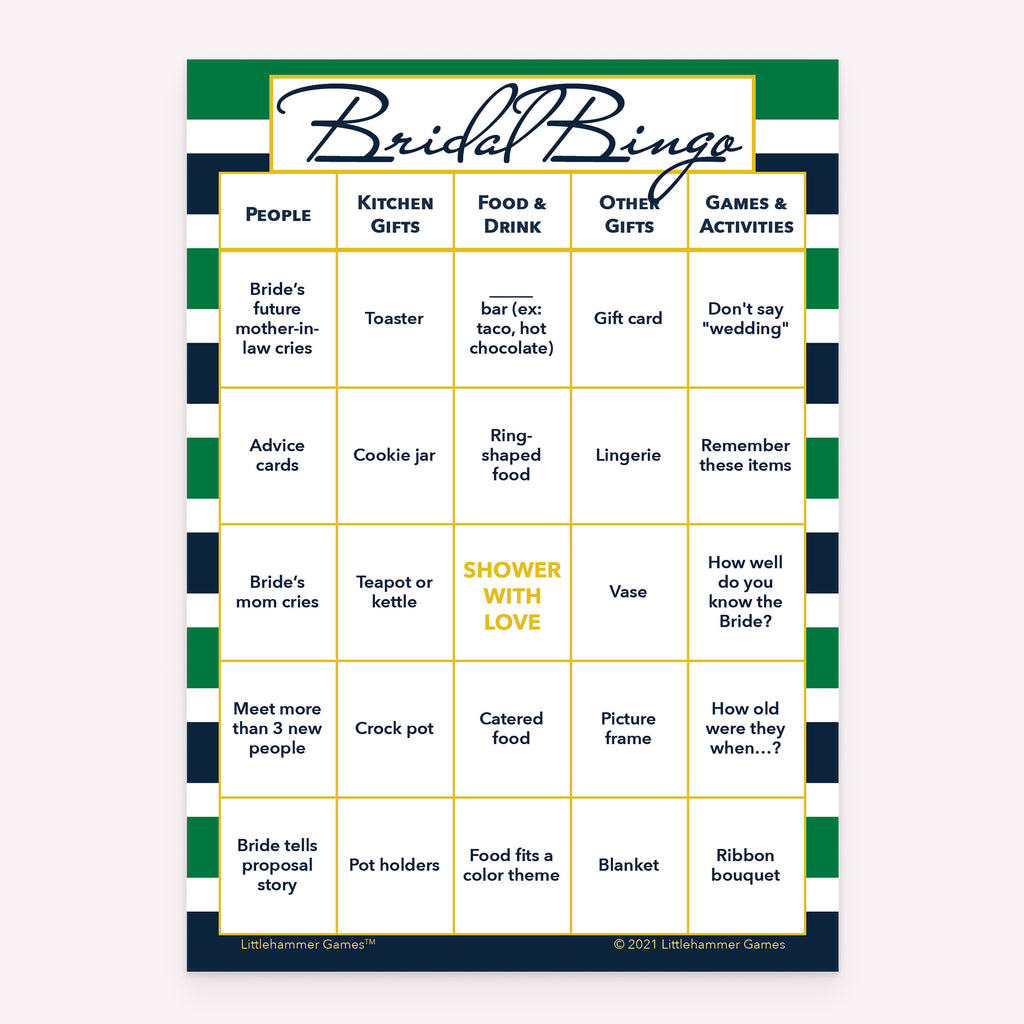 Bridal Bingo printable bridal shower activity in green and navy stripes style