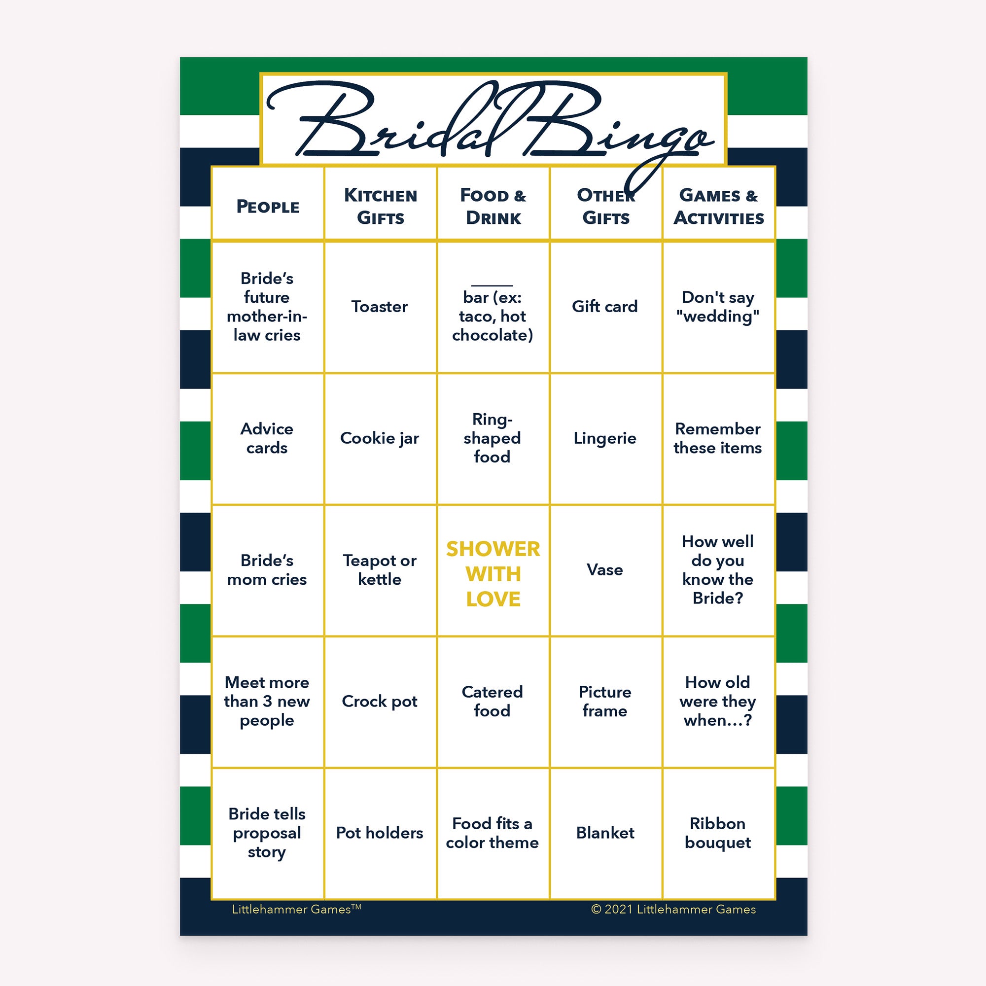 Bridal Bingo printable bridal shower activity in green and navy stripes style