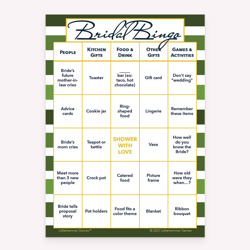 Bridal shower printable Bridal Bingo card featuring green stripes