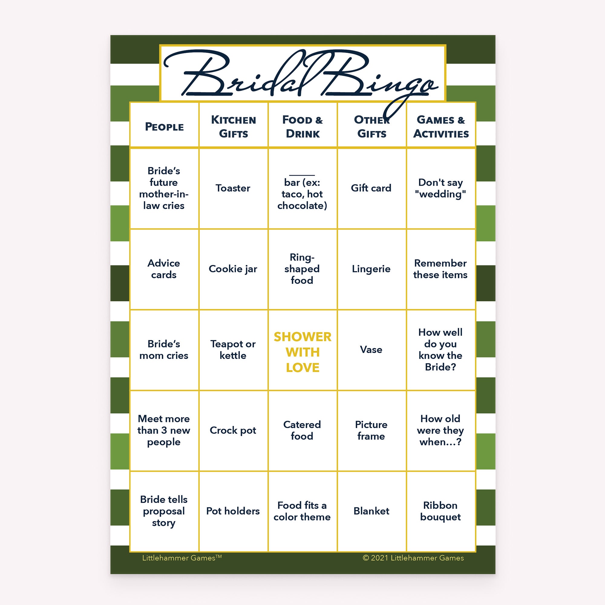 Bridal shower printable Bridal Bingo card featuring green stripes