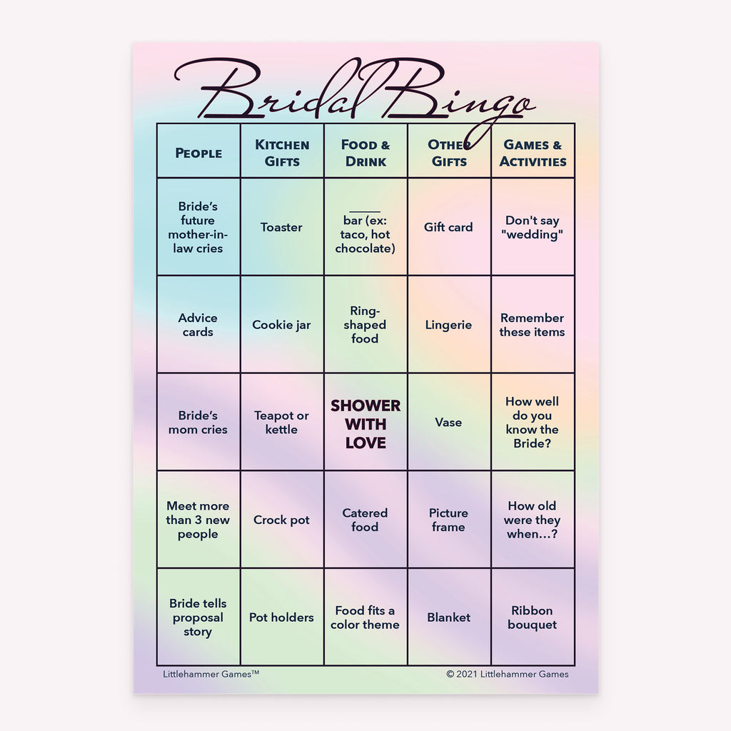 Pastel hologram printable Bridal Bingo bridal shower game card