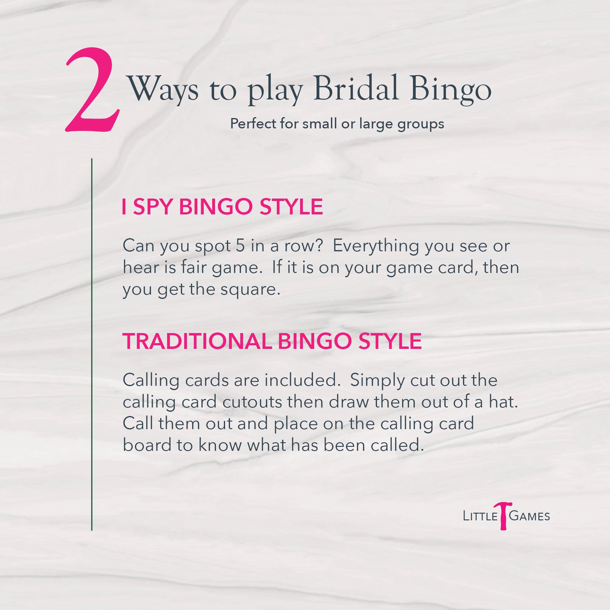 Bridal Bingo printable game instructions showing two ways to play: I Spy style and traditional calling card style