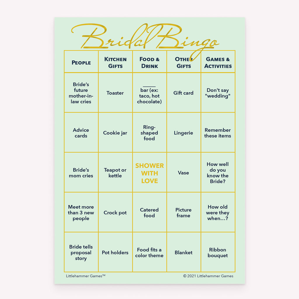 Mint and gold printable bridal shower game card for Bridal Bingo