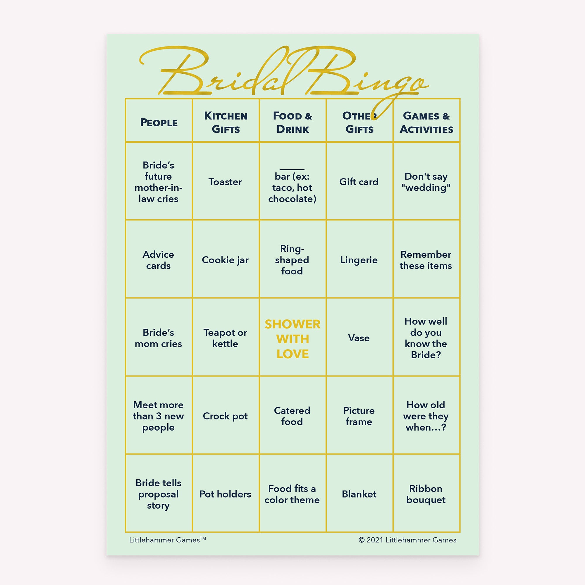 Mint and gold printable bridal shower game card for Bridal Bingo