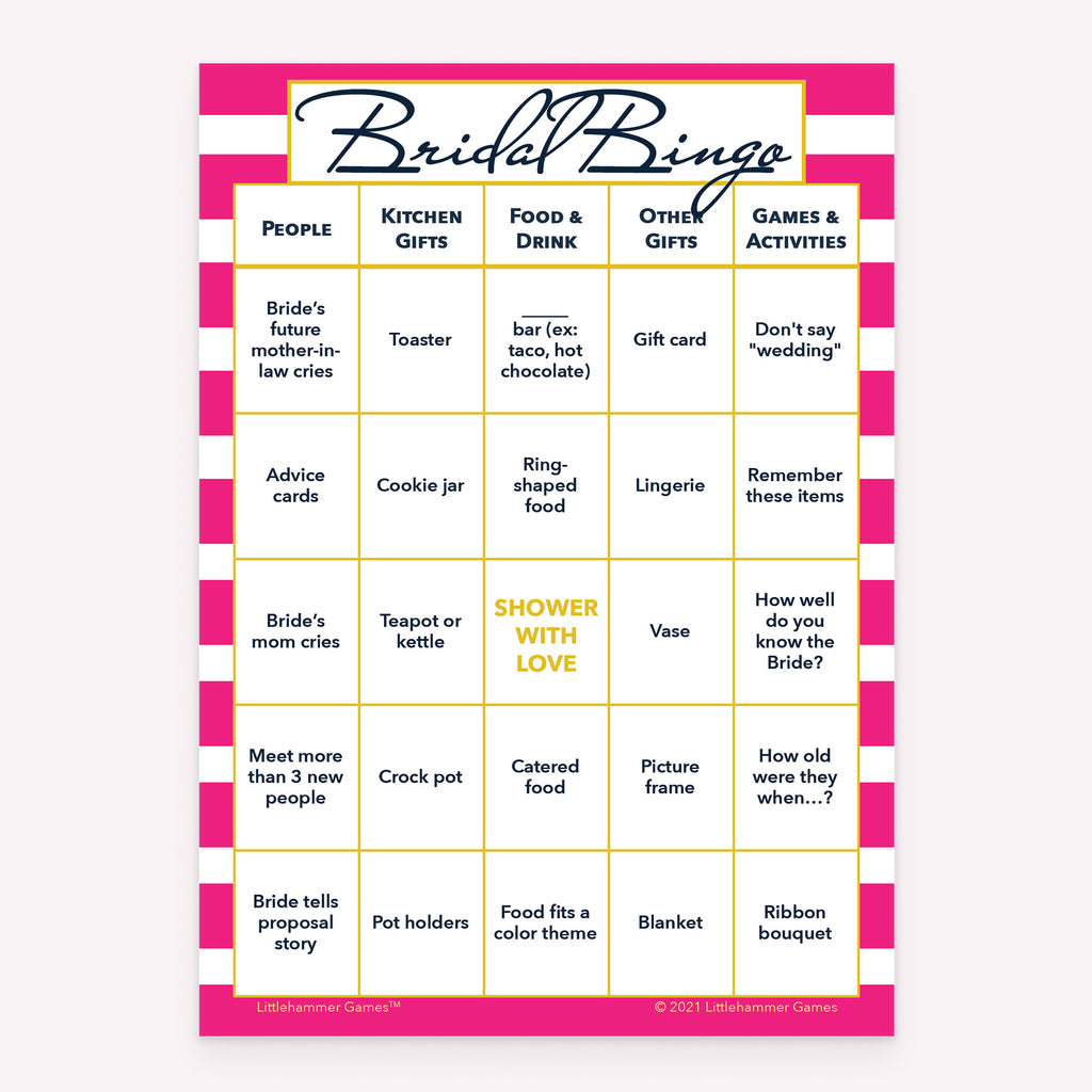 Pink-striped bridal shower Bridal Bingo printable game card layout