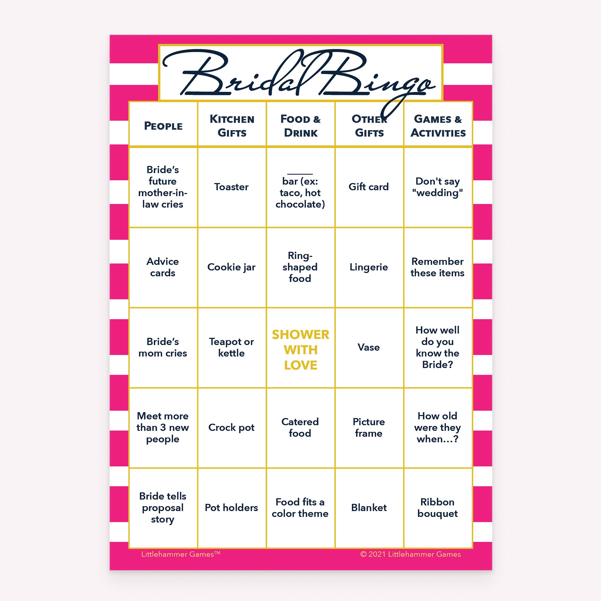 Pink-striped bridal shower Bridal Bingo printable game card layout