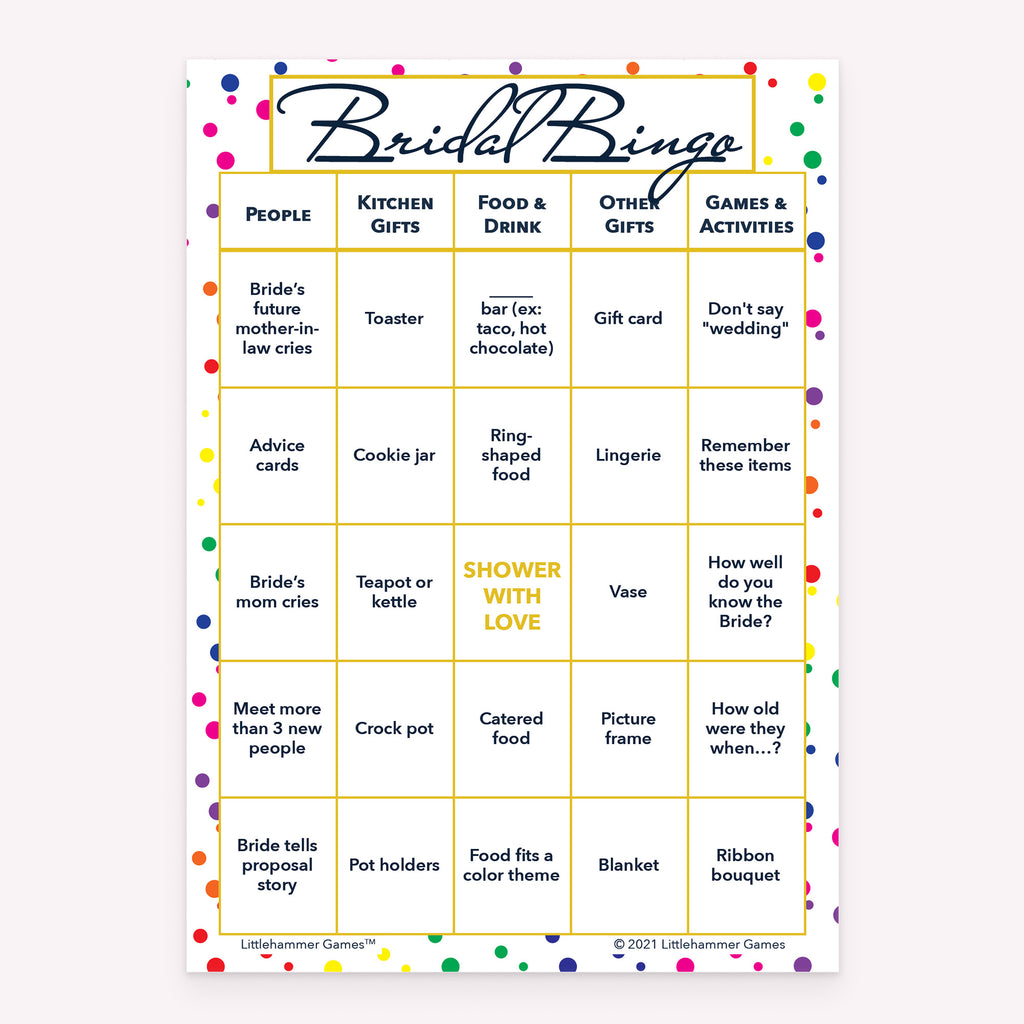 Rainbow polka dot printable bridal shower Bridal Bingo activity card