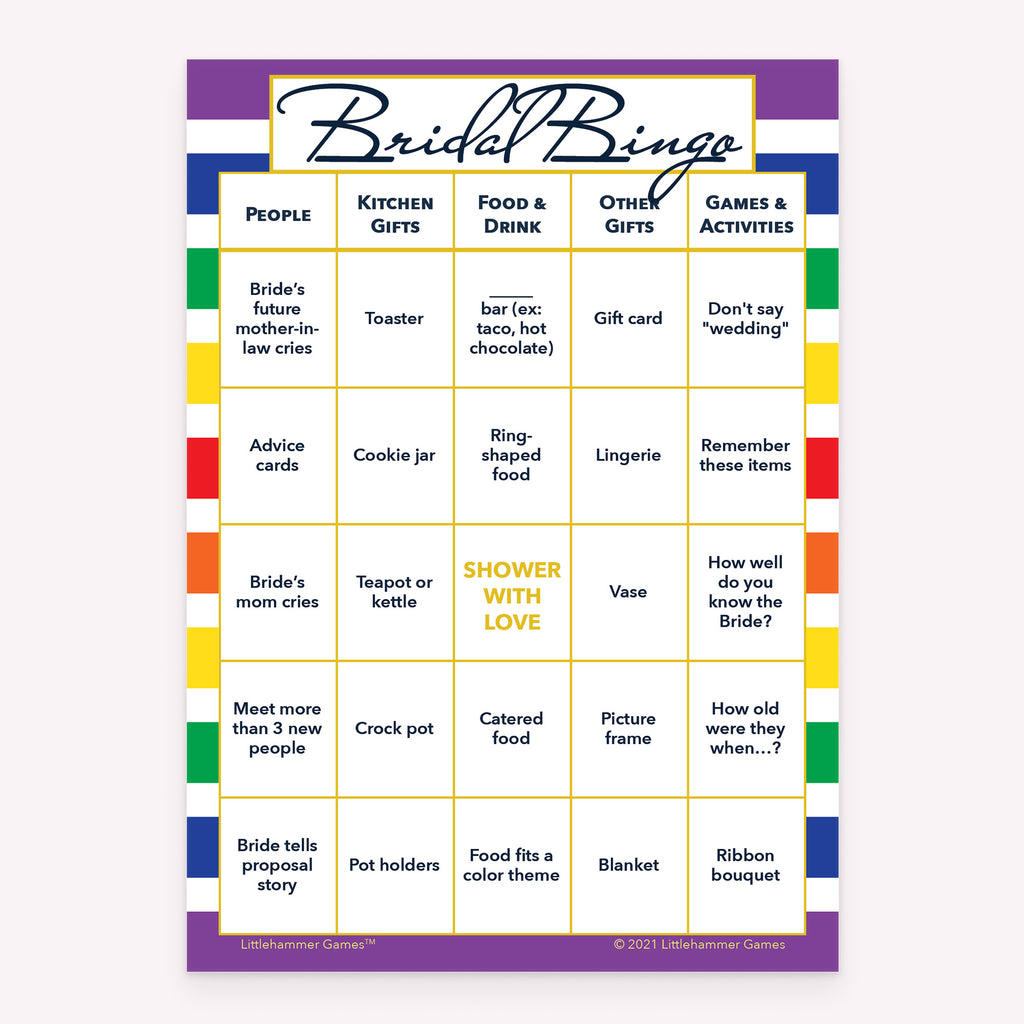 Printable bridal shower Bridal Bingo game card with rainbow stripes design