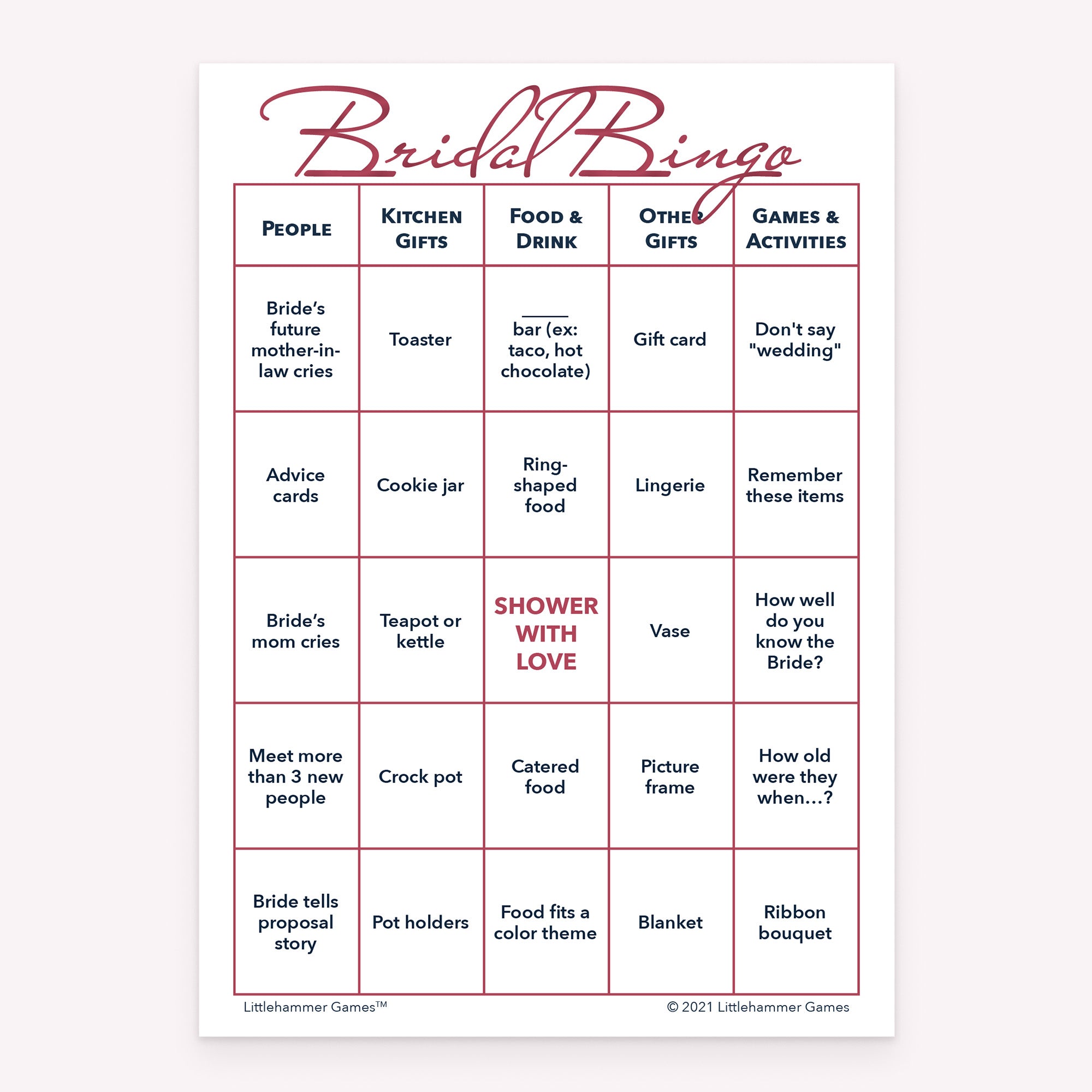 Printable bridal shower Bridal Bingo card in rose gold theme