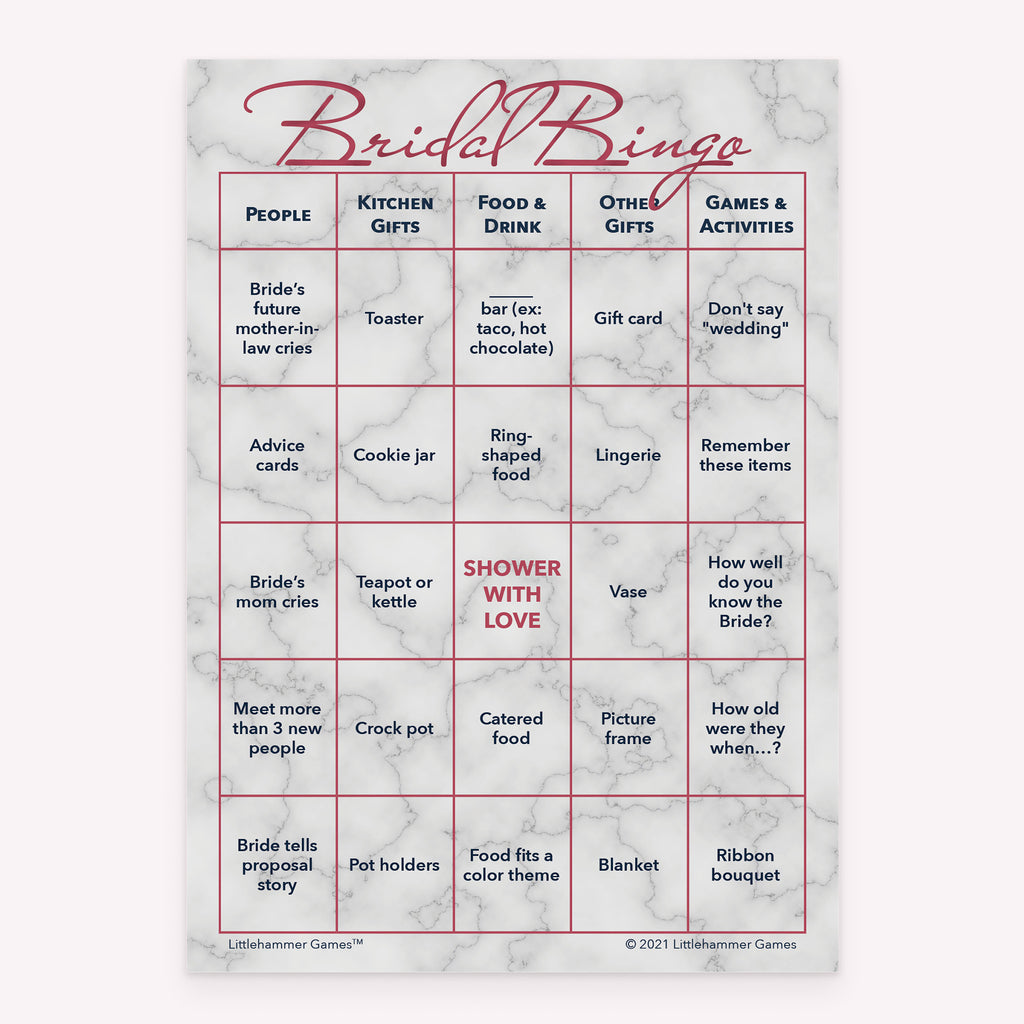 Bridal Bingo bridal shower game card with rose gold and marble layout