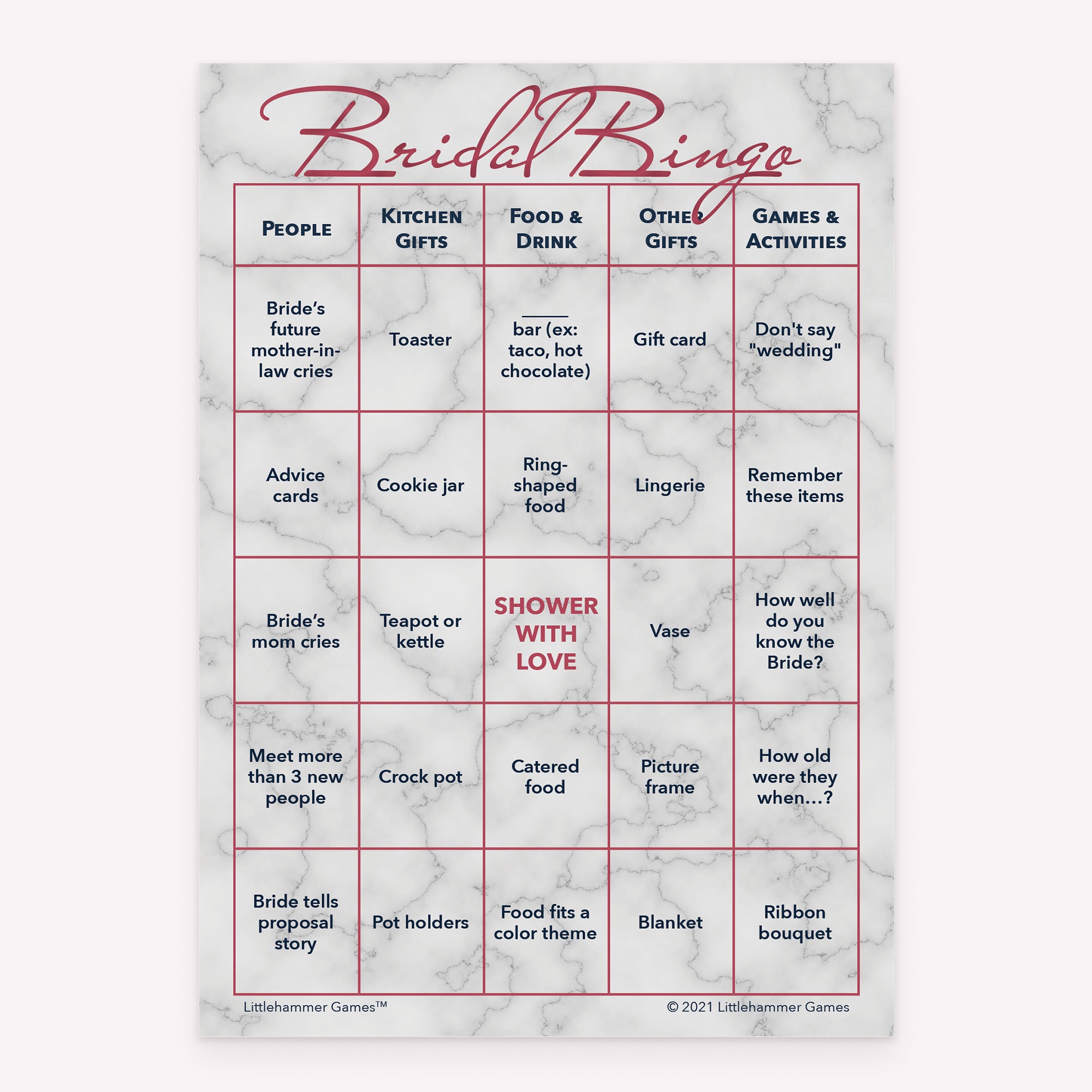 Bridal Bingo bridal shower game card with rose gold and marble layout