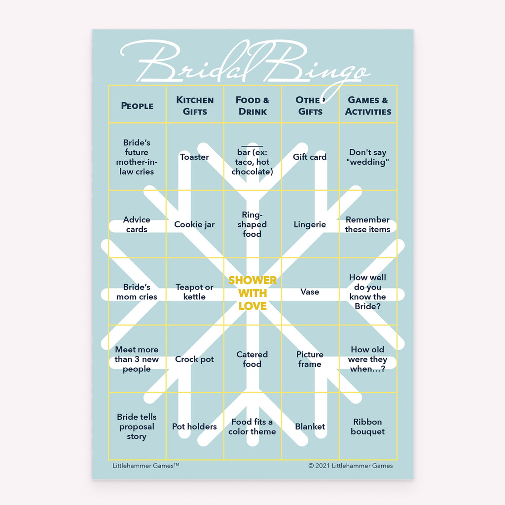 Bridal Bingo printable bridal shower game card with Scandinavian snowflake background