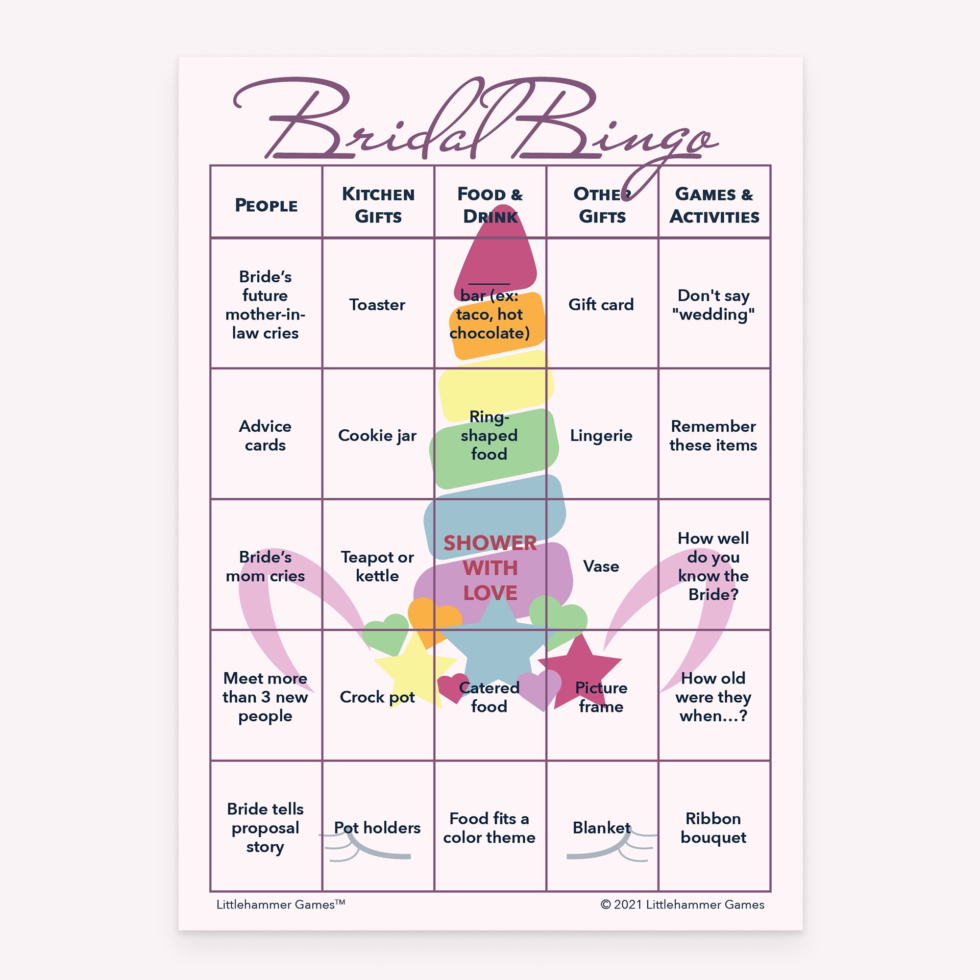 Printable Bridal Bingo bridal shower game card in unicorn design